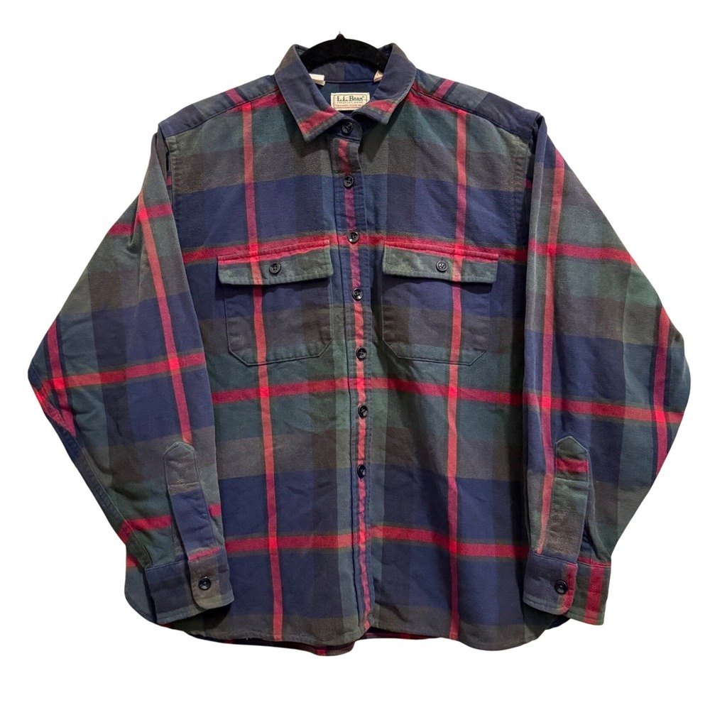 Vintage L.L. Bean Chamois Cloth Shirt Large Plaid Navy Green Red Cotton USA Made